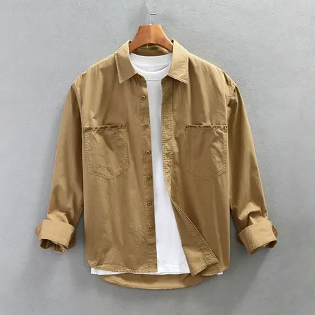 休闲长袖衬衫男春秋新款男士刺绣寸衫男生卡其色纯棉衬衣外套潮牌图片