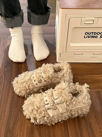 法式羊卷毛毛鞋女外穿2023冬季新款小众保暖棉鞋一脚蹬平底豆豆鞋商品大图