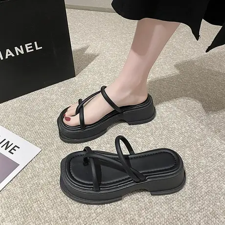 网红粗跟厚底凉拖鞋女夏外穿2023新款百搭仙女风松糕一字沙滩拖鞋商品大图
