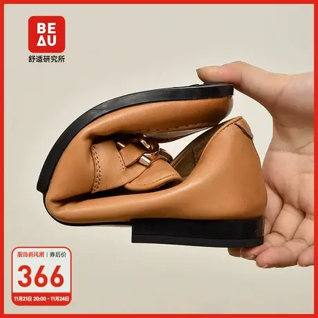 BEAU真皮棕色软底乐福鞋女春秋款复古小皮鞋英伦风单鞋平底女鞋商品大图