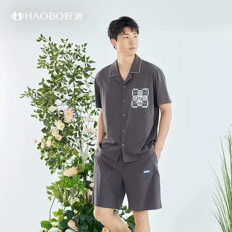 好波夏季男士睡衣短袖短裤家居服套装大码宽松可外穿睡衣HJZ2341商品大图