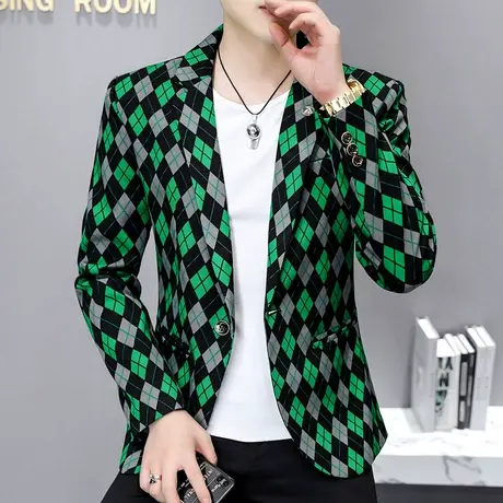 西装男士秋季新款潮流帅气高级感菱形格子外套韩版修身小西服上衣商品大图