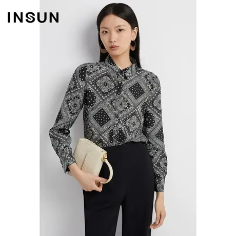 INSUN恩裳奥莱秋季复古印花百搭真丝衬衫图片