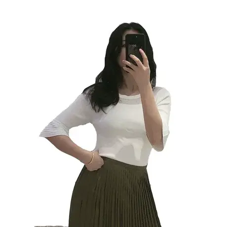 季候风夏季圆领短款网纱镂空拼接喇叭袖针织衫上衣女8231TB311图片