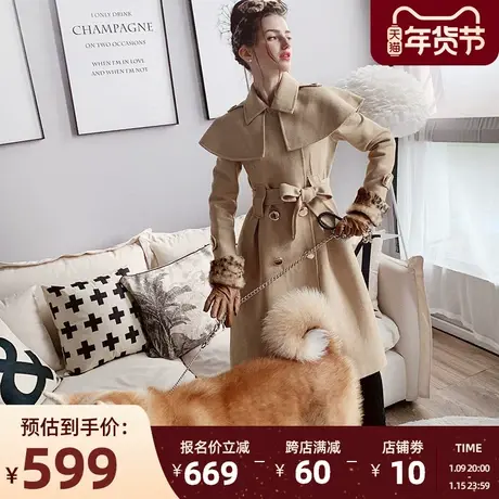 粉红大布娃娃2019冬季新款双排扣英伦风中长款双面呢毛呢大衣女图片