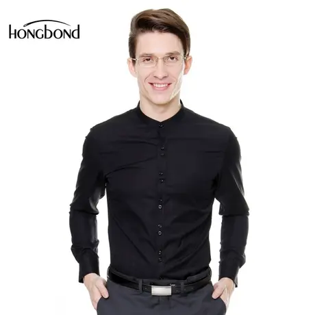 红邦创衣 男新款素黑色小立领免烫男长袖衬衣 中国风休闲修身衬衫图片