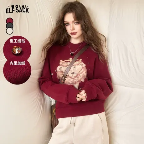妖精的口红色短款圆领卫衣女2023冬季新款无帽印花重工本命年上衣图片