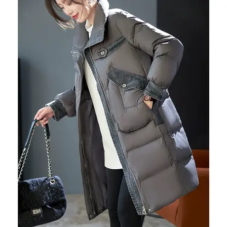 宝诗黎立领牛仔拼接90白鸭绒羽绒服2023冬季新款宽松中长保暖外套图片