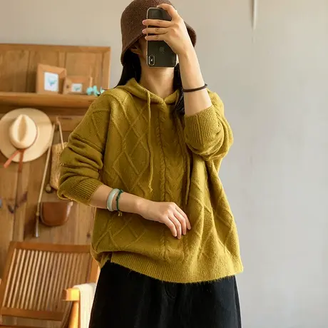 dza 复古连帽针织衫女麻花帽衫秋冬内搭打底衫宽松休闲毛衣外套女商品大图