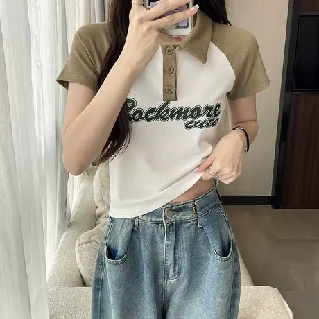 美式t恤女短袖夏季新款设计感polo领短款上衣撞色洋气别致瘦小衫商品大图