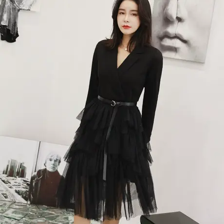 2024秋装修身气质OL职业黑色西装连衣裙名媛气质网纱假两件显瘦女图片