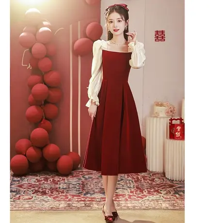 敬酒服新娘2023新款甜美纱袖平时可穿长袖订婚礼服女红色连衣裙商品大图