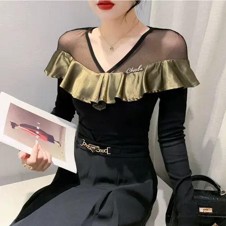 时尚性感V领T恤女网纱拼接小众设计感镂空长袖荷叶边修身显瘦上衣商品大图