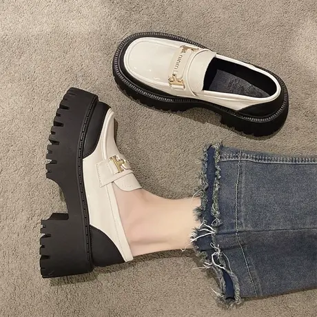 法式高跟乐福鞋女2024新款春季厚底鞋子一脚蹬粗跟单鞋白色小皮鞋图片