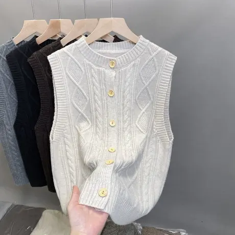 2024春圆领针织马甲女无袖开衫外搭背心叠穿无袖毛衣坎肩马夹外套图片