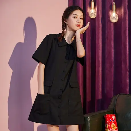 唐狮短袖黑色连衣裙女夏季中长款Polo裙子女夏季女装新款休闲裙装图片