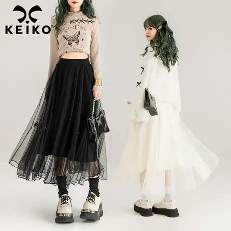 KEIKO朦胧轻纱半身裙仙女裙2024春夏高腰垂感网纱百褶蓬蓬A字长裙图片