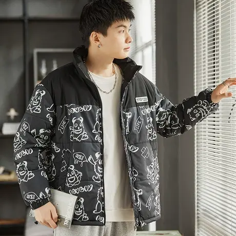 唐狮棉服男冬季立领宽松拼接满印棉服男棉衣加厚外套面包服棉袄图片