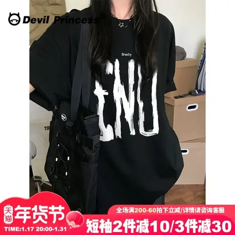 设计感高街ins风潮牌黑色短袖t恤女2025早春新款宽松纯棉正肩上衣商品大图