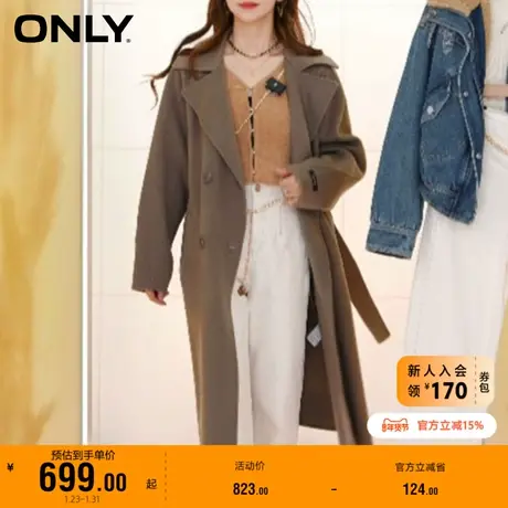 【上新】ONLY奥莱秋冬双面呢绵羊毛双排扣中长款翻领毛呢大衣女商品大图