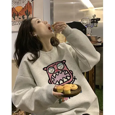 美式复古圆领卫衣女秋冬加绒加厚小众设计感潮牌宽松港味chic上衣商品大图