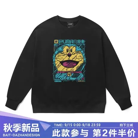 日潮套头潮牌圆领卫衣男原创小众复古哆啦A梦印花纯棉大码打底衫商品大图