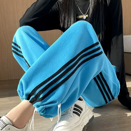 美式复古高腰阔腿休闲裤设计感松紧绳三条杆宽松显瘦百搭束脚卫裤商品大图