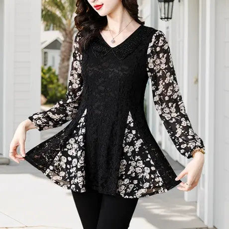 春季上衣女新款2024黑色蕾丝雪纺衫长袖大码宽松遮肚子打底衫薄款图片