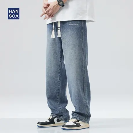 hansca日系潮流松紧腰牛仔裤男春季新款直筒宽松大码痞帅休闲长裤商品大图