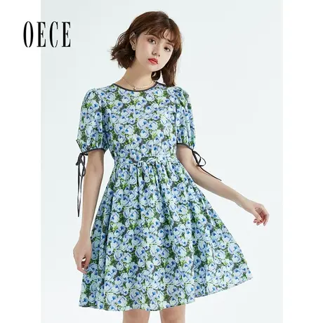 Oece复古碎花裙春夏季新款女温柔裙子泡泡袖气质连衣裙图片