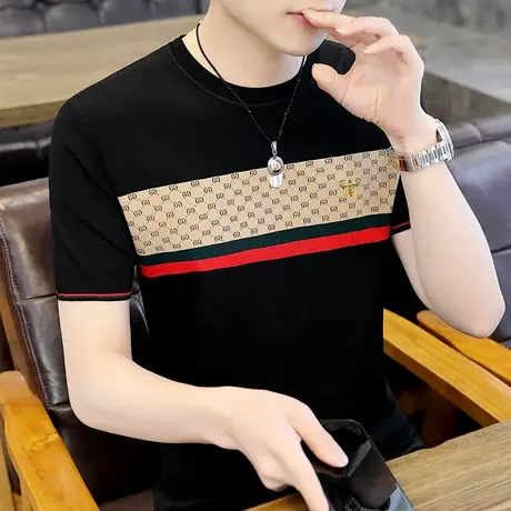 男士夏季冰丝T恤潮牌2022新款男装韩版半袖薄款针织冰感短袖衣服商品大图