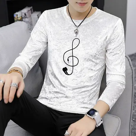 男士金丝绒长袖t恤潮流ins秋装社会小伙上衣服男装潮牌休闲打底衫商品大图