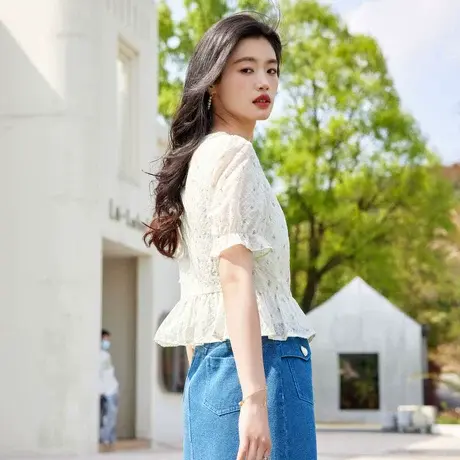 时尚气质甜美圆领短袖衬衫2023年夏季新款淑女圆领显瘦通勤上衣商品大图