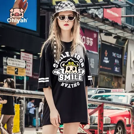 Ohlyah品牌韩版宽松潮印花t恤女装短袖黑色大码卡通个性休闲上衣图片