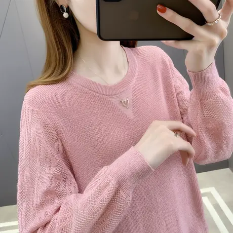 镂空针织毛衣女春装2023新款圆领宽松韩版打底衫长袖上衣外套薄款商品大图