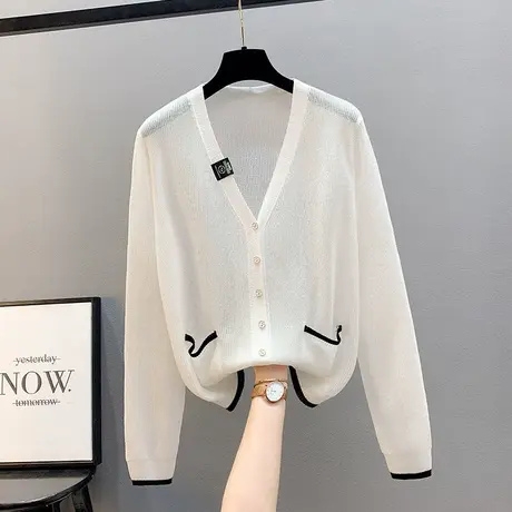 冰丝针织防晒开衫女披肩外搭夏季薄款镂空v领上衣防晒短外套T恤衫商品大图