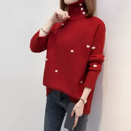 高领红色毛衣女加厚打底衫2023秋冬新款宽松慵懒风针织衫内搭上衣图片