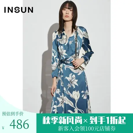 【奥莱专享】恩裳COVER2023新款缎面气质V领规则优雅印花连衣裙图片