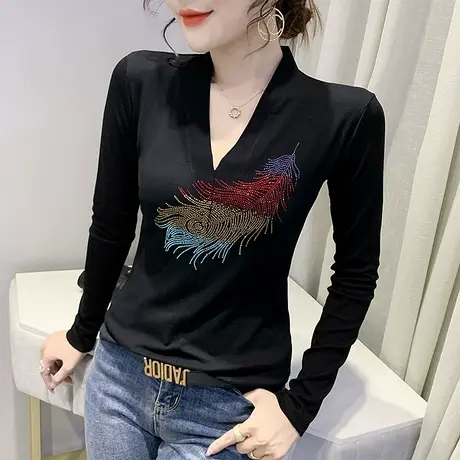 女装2023新款潮时尚烫钻T恤春秋修身V领上衣紧身内搭打底衫女长袖商品大图