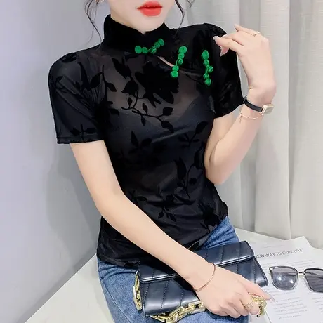 2023夏季新款性感网纱T恤女短袖设计感植绒印花上衣复古盘扣小衫商品大图