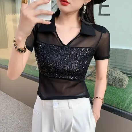 欧货网纱拼接上衣女夏季2023新款时尚亮片夜店风短袖气质雪纺小衫商品大图