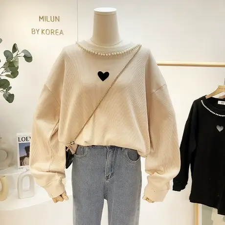 韩国东大门秋冬季长袖T恤小香风钉珠法式甜美上衣打底衫加厚大码图片