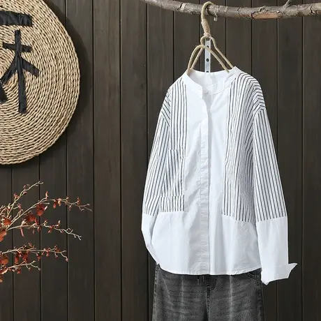 枫谜2022早秋新款条纹拼接设计感衬衫立领宽松衬衣女图片