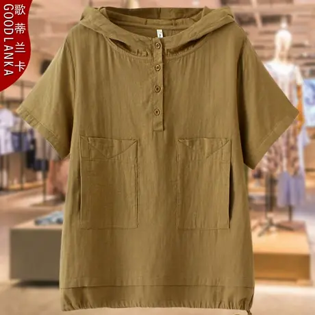 大码中年妈妈短袖t恤女时尚宽松百搭纯色上衣休闲套头纯棉连帽T恤商品大图