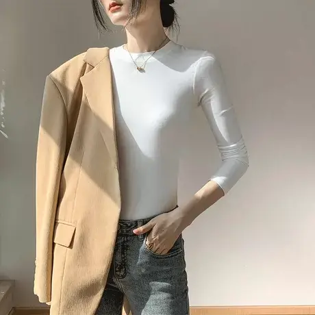 圆领正肩长袖T恤女2023初春新款修身遮肚子打底衫黑色内搭上衣女商品大图