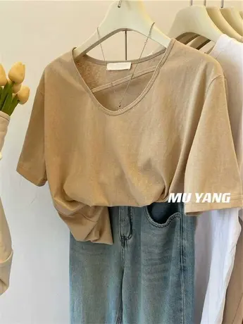 斜带精致锁骨显瘦u领短袖T恤女多色设计感小众百搭夏季上衣打底商品大图