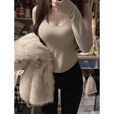 纯欲风t恤U领打底衫女秋冬内搭修身显瘦洋气时尚ins长袖短款上衣商品大图