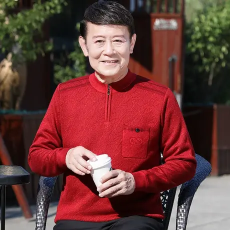 中老年人保暖毛衣男加厚加绒冬季爸爸装大红色本命年针织打底毛衫商品大图