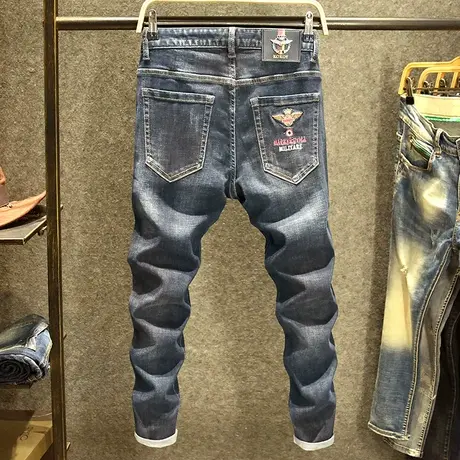 春秋款蓝色百搭牛仔裤男潮牌修身小脚裤子韩版潮流大牌印花弹力裤商品大图