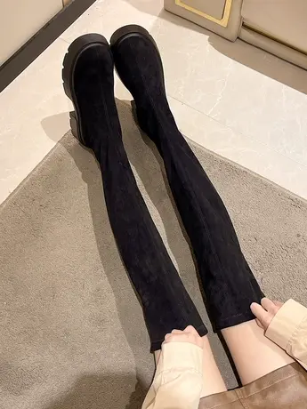 小个子厚底高筒靴黑色长筒靴过膝靴秋季新款女切尔西弹力瘦瘦靴图片